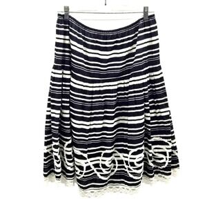 Striped Midi‎ Skirt with Lace Trim, Black & White, Elastic Waist, Boho Chic